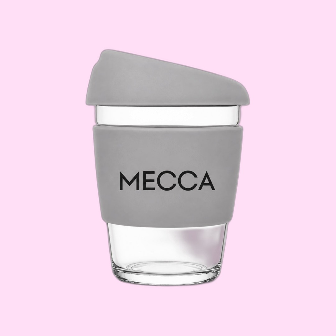 MECCA reusable glass coffee cup with grey MECCA sleeve produced by Sense2