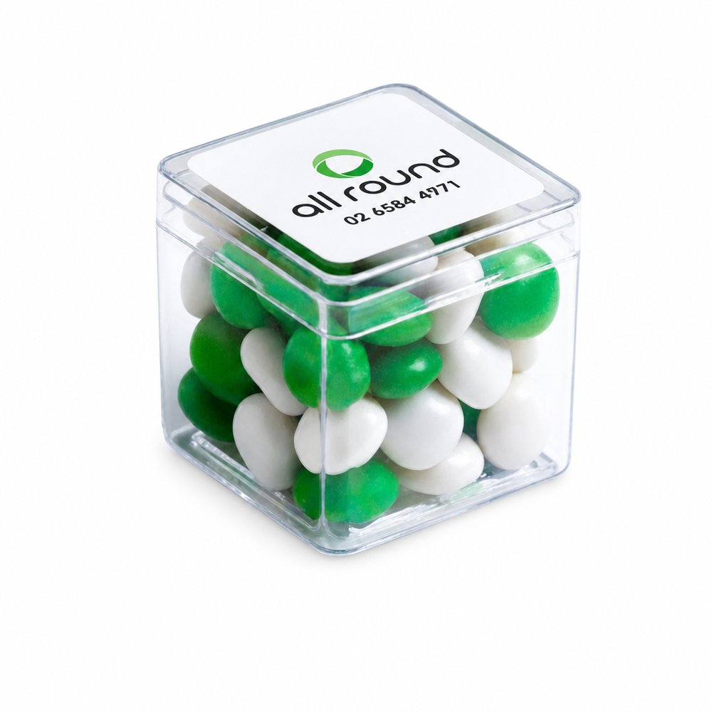 Bedruckter Acrylwürfel mit Frucht-Kaubonbons 60g