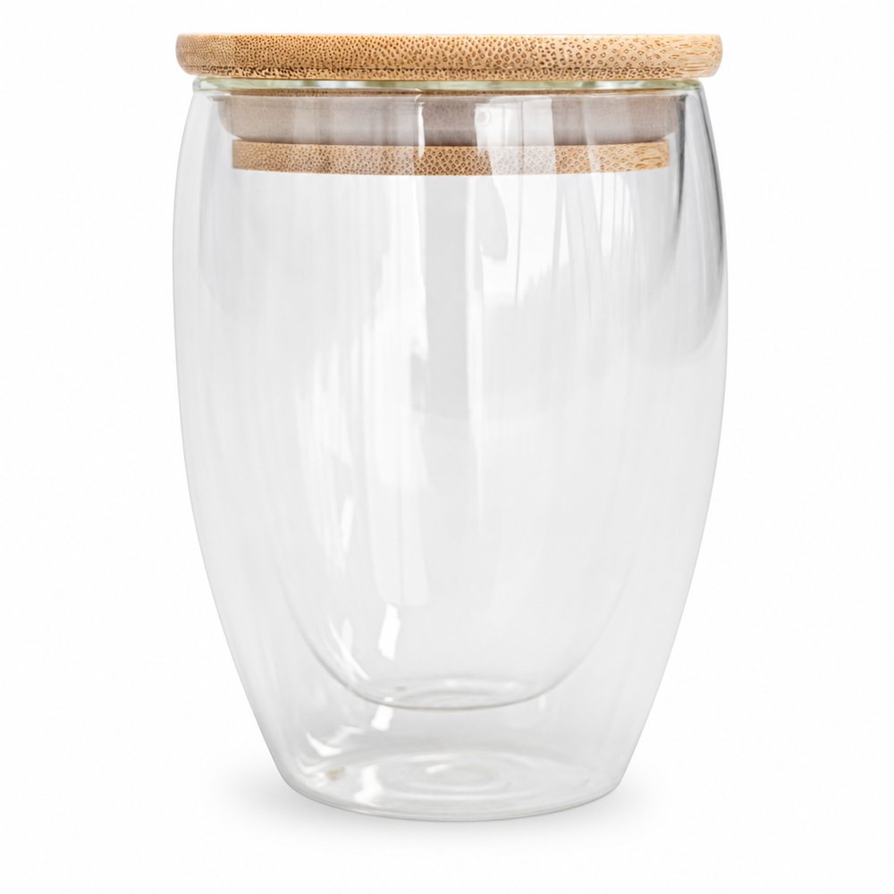 Doppelwandiges Glas mit Bambusdeckel 350ml