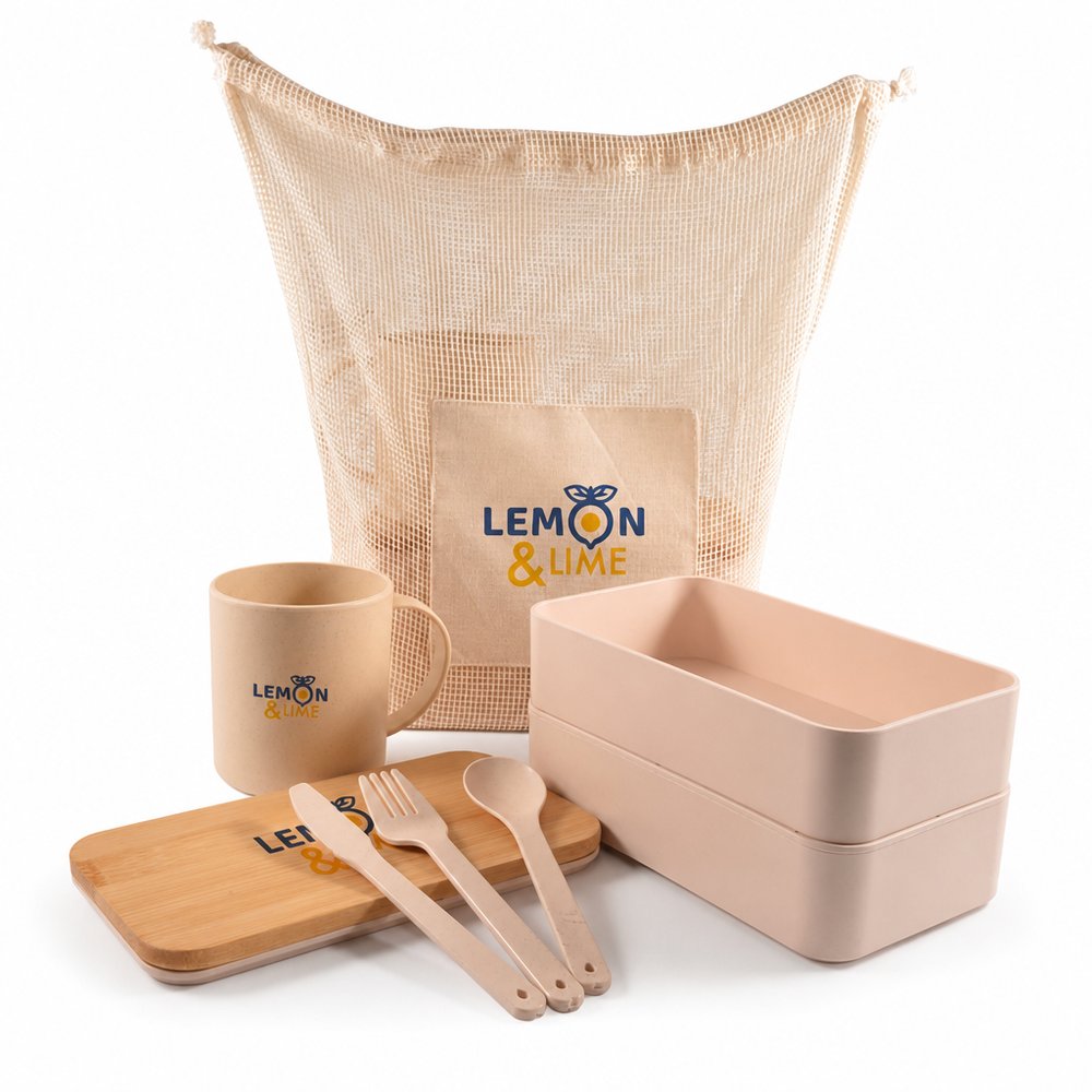 Eco Pack — Netzbeutel, Lunchbox, Weizenfaser-Becher