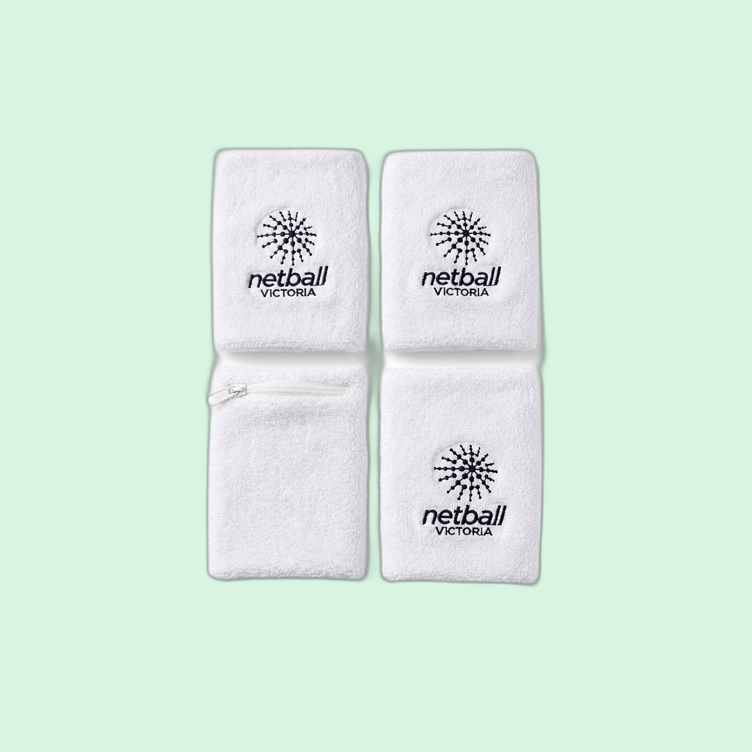 Netball Victoria Player wristband set (4-piece, one with zipper) produced by Sense2
