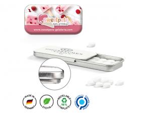 Werbeartikel Flache Minzboxen mit Doming-Etikett