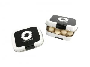 Werbeartikel Rechteckscharnierdosen gef&uuml;llt mit z&auml;hen Pfefferminzbonbons (30 g)