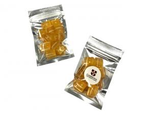 Werbeartikel Silberne Rei&szlig;verschlusstaschen gef&uuml;llt mit Eukalyptus-Humbug-Lollies (50 g)