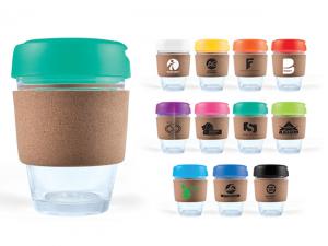 Werbeartikel Mix &amp; Match Flip Deckel Glas Kaffeetassen mit Korkb&auml;ndern (320ml)