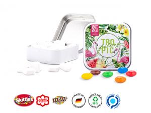 Werbeartikel Mit S&uuml;&szlig;igkeiten gef&uuml;llte quadratische Metalldosen (25 g)