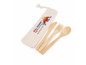 Promotional Bamboo Cutlery Sets In Calico Pouch