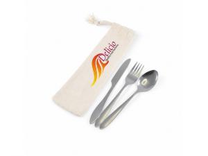 Promotional Stainless Steel Cutlery Sets In Calico Pouch