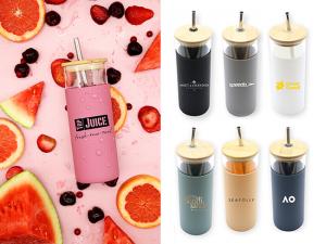 Werbeartikel Bunte Glasbecher mit Strohhalm (500 ml)